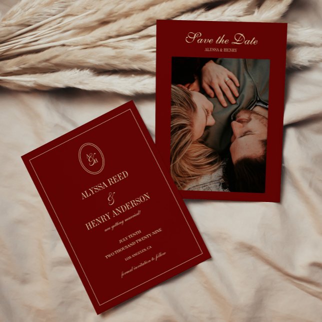 Reserva La Fecha Elegant Wine Red Monogram Script Wedding Photo (Subido por el creador)