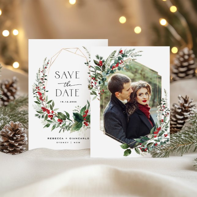 Reserva La Fecha Elegant Winter Berries Greenery Wedding Photo (Subido por el creador)