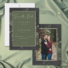 Reserva La Fecha Elegant Winter Berries Pine Black Wedding Photo