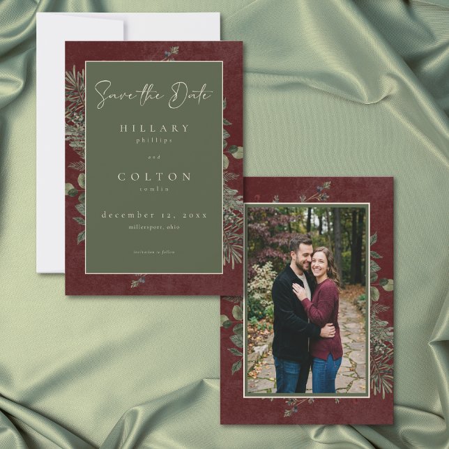 Reserva La Fecha Elegant Winter Berries Pine Burgundy Wedding Photo (Elegant Winter Berries Pine Burgundy Wedding Photo Save The Date)