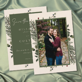 Reserva La Fecha Elegant Winter Berries Pine Ivory Wedding Photo