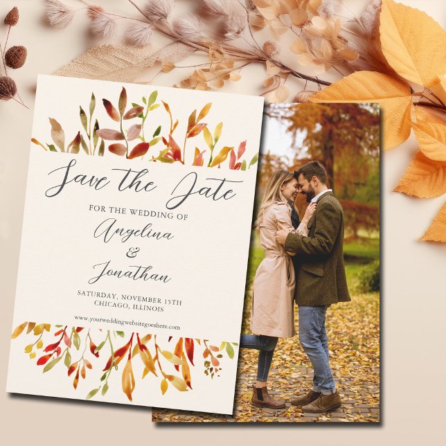 Reserva La Fecha Elegante acuarela Autumn Leaves Pareja Foto (Subido por el creador)