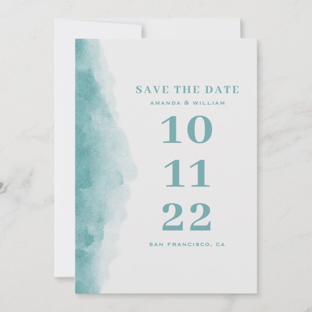 Reserva La Fecha Elegante acuarela azul boda de playa náutica (Anverso)