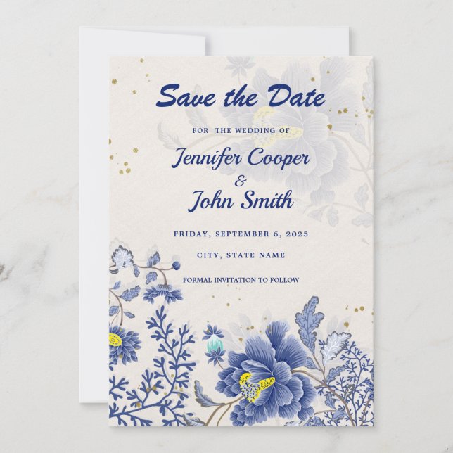 Reserva La Fecha Elegante acuarela Azul Floral Boda Botánico (Anverso)