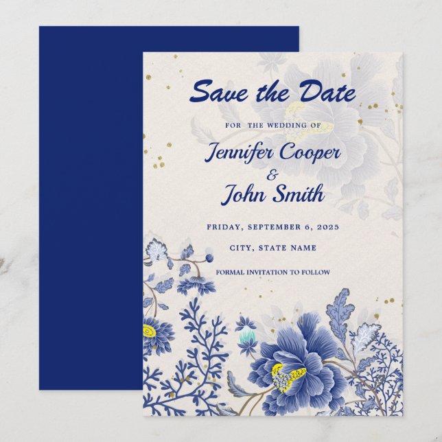 Reserva La Fecha Elegante acuarela Azul Floral Boda Botánico (Anverso / Reverso)