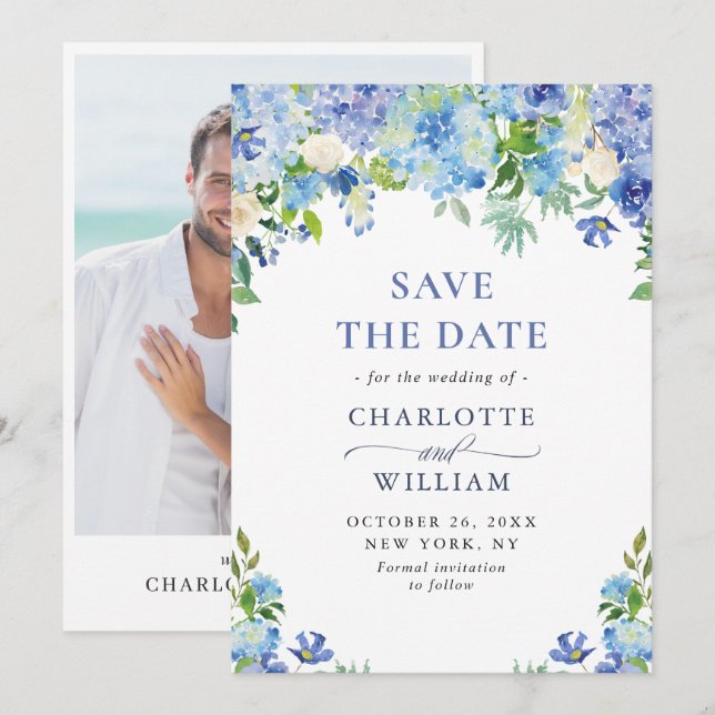 Reserva La Fecha Elegante acuarela azul Hydrangea Boda de FOTO (Anverso / Reverso)