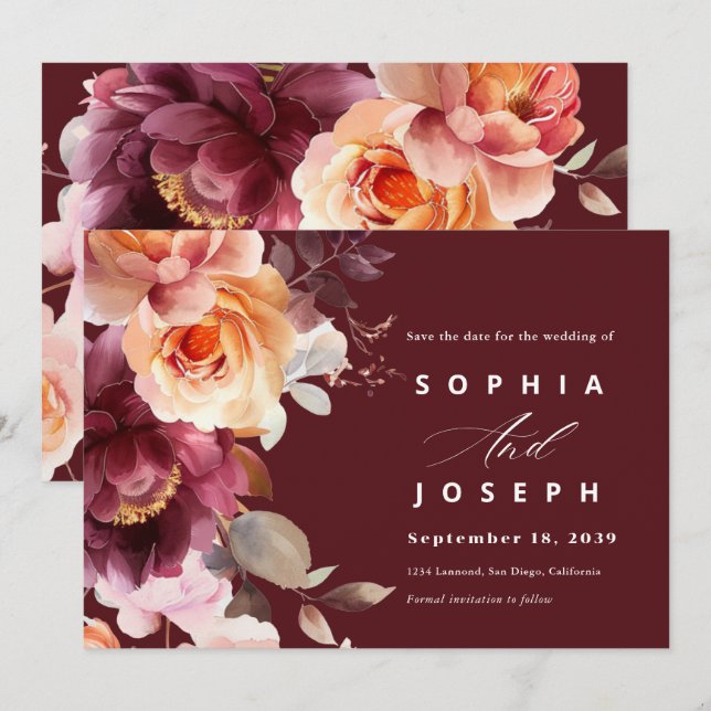 Reserva La Fecha Elegante acuarela Borgoña Bouquet Boda Floral (Anverso / Reverso)
