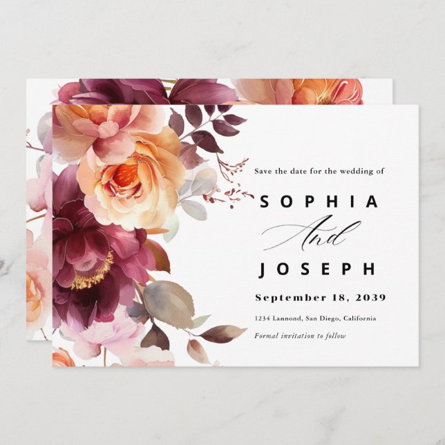 Reserva La Fecha Elegante acuarela Borgoña Bouquet Boda Floral (Anverso / Reverso)
