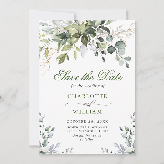 Reserva La Fecha Elegante acuarela Eucalyptus Greenery Boda (Anverso)