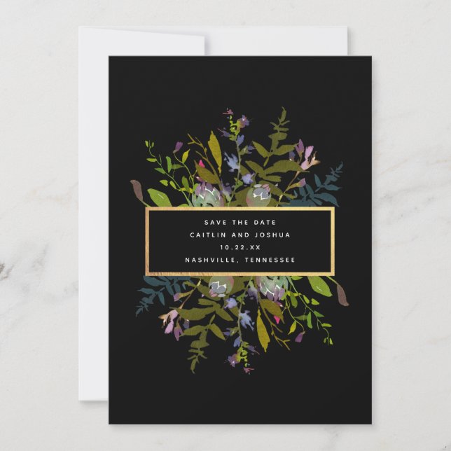 Reserva La Fecha Elegante acuarela Floral Boda de fondo negro (Anverso)