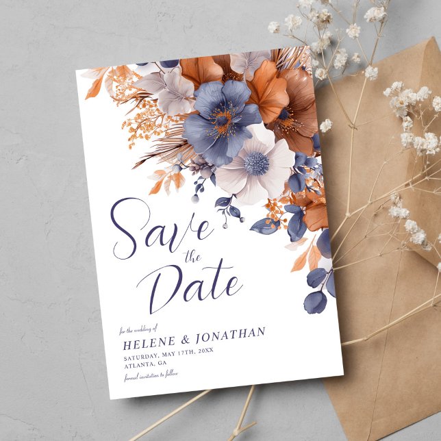 Reserva La Fecha Elegante acuarela Floral Dusty Blue Rust Boda (Elegant Watercolor Floral Dusty Blue Rust Wedding Save The Date)