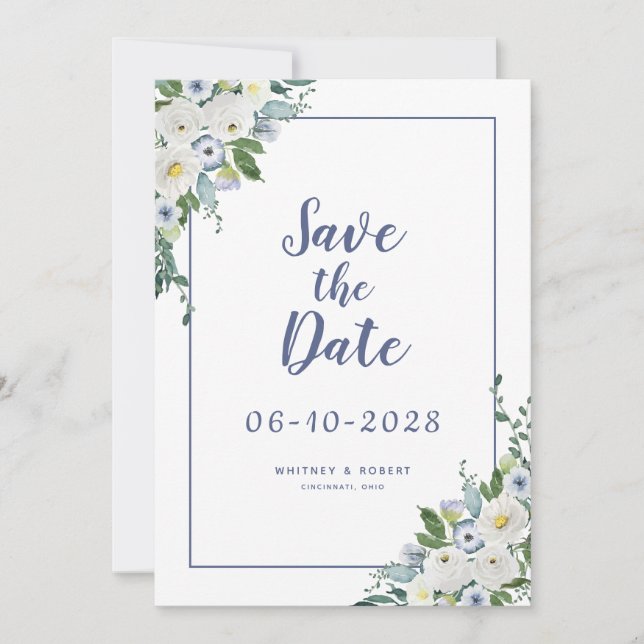 Reserva La Fecha Elegante acuarela Floral Verdor Boda Azul (Anverso)