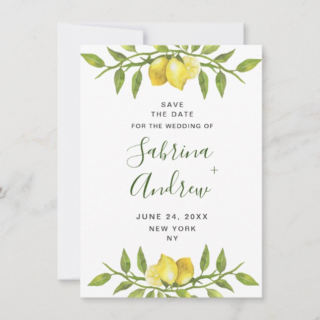 Reserva La Fecha Elegante acuarela Lemons Greenery Boda (Anverso)