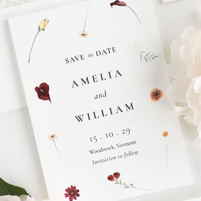 Reserva La Fecha Elegante acuarela otoño Boda de flores silvestres (Elegant Watercolor Fall Autumn Wildflower Wedding Save The Date)