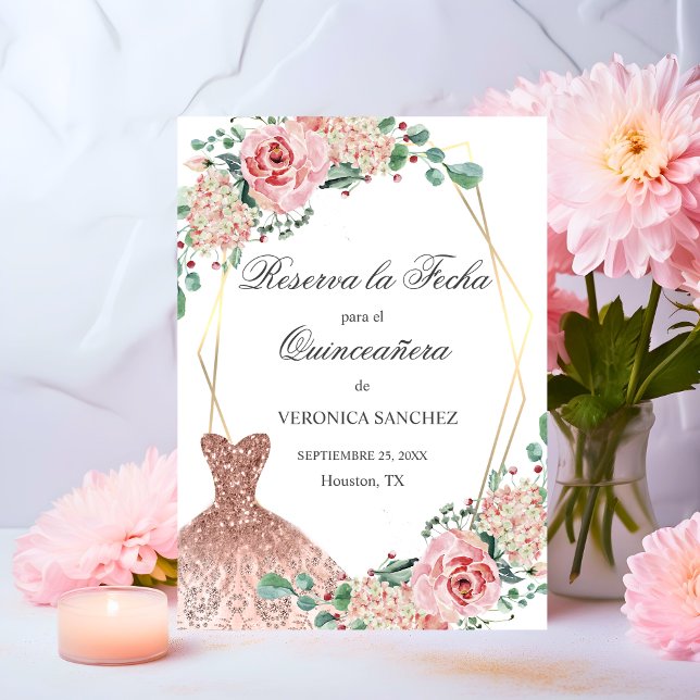 Reserva La Fecha Elegante acuarela Rosa Española Quinceañera Quince (Elegant Watercolor Pink Spanish Quinceañera Quince Save The Date)