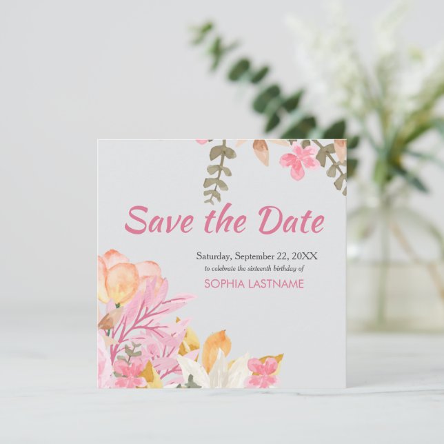 Reserva La Fecha Elegante acuarela rosa floral (Anverso de pie)