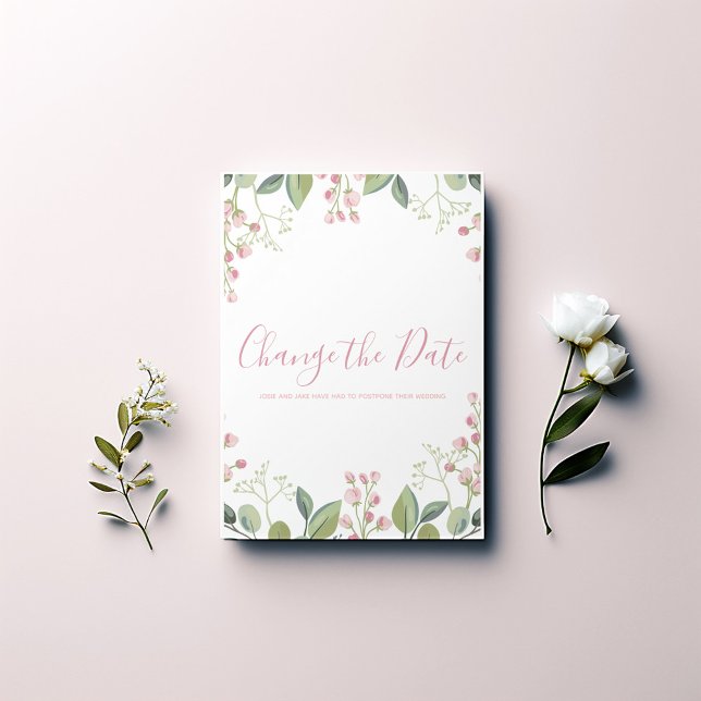 Reserva La Fecha Elegante acuarela rosa y verde (Elegant watercolor "Change the Date" card. Featuring a beautiful pink and green flower border.)
