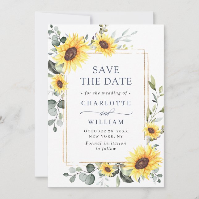 Reserva La Fecha Elegante acuarela Sunflowers Eucalyptus Boda (Anverso)