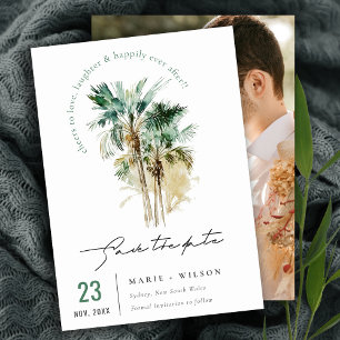 Reserva La Fecha Elegante acuarela tropical Palm Tree Script Foto