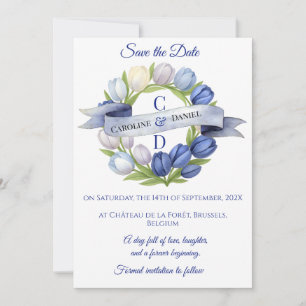 Reserva La Fecha Elegante acuarela Tulip Wreath Boda Marfil Azul