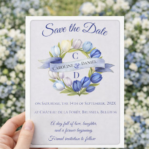 Reserva La Fecha Elegante acuarela Tulip Wreath Boda Marfil Azul