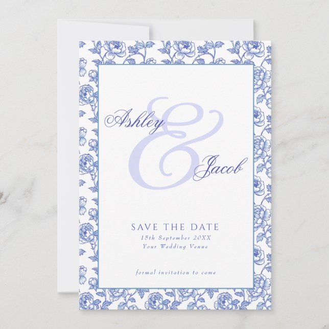 Reserva La Fecha Elegante Ahorro de Fecha de Boda Floral Azul (Anverso)