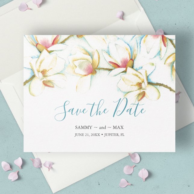 Reserva La Fecha Elegante Ahorro de Fecha Floral Acuarela Sin Foto (Invitations and save the dates with watercolor white magnolia flowers.)