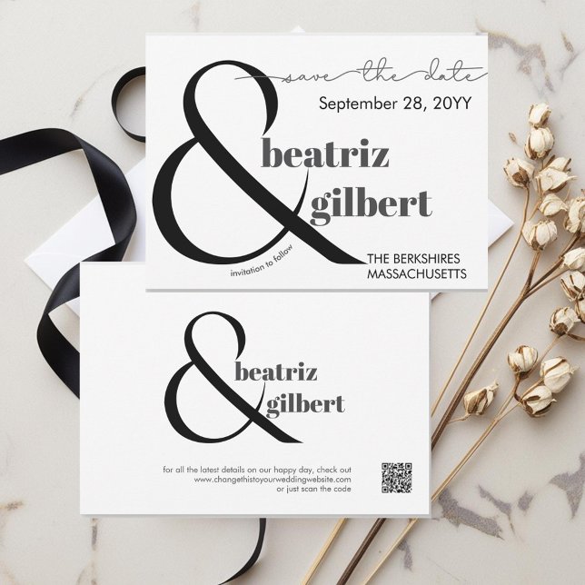 Reserva La Fecha Elegante Ampersa blanco y negro y salvar la fecha (Modern clean ampersand wedding save the date in classic black and white)