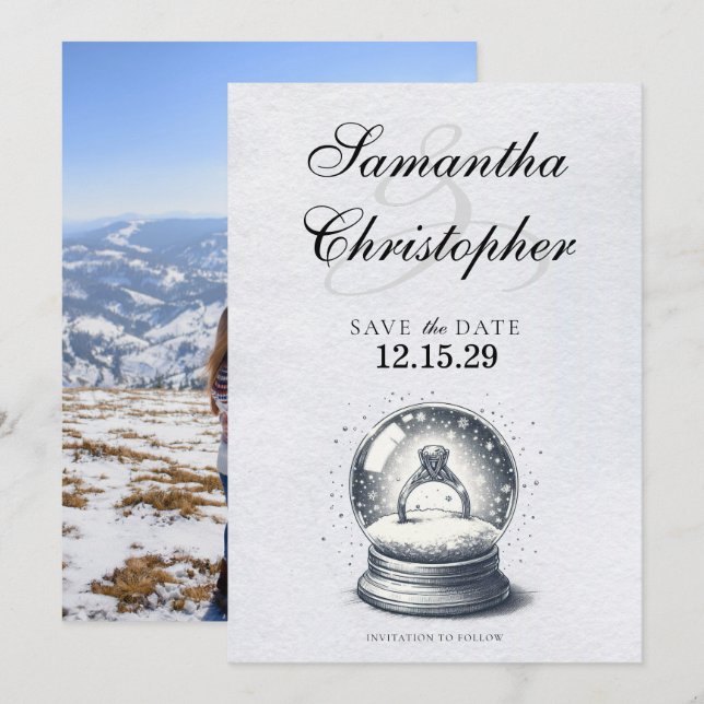 Reserva La Fecha Elegante Anillo de compromiso de Globe de Nieve (Anverso / Reverso)