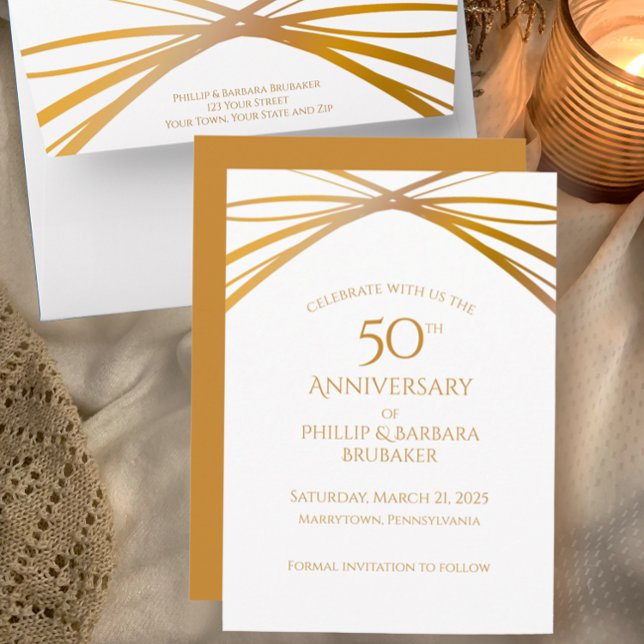 Reserva La Fecha Elegante Arco Dorado 50 Aniversario Salvar la fech (Customize this unique modern elegant 50th wedding anniversary golden save the date party invitation )