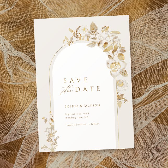 Reserva La Fecha Elegante arco floral botánico de oro (Elegant Gold Botanical Floral Arch Save The Date)