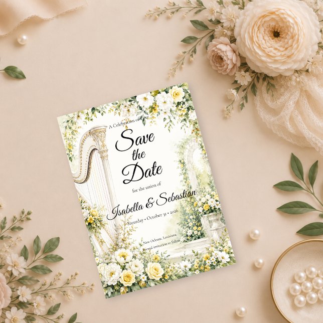 Reserva La Fecha Elegante Arpa de Jardín Romance Boda (Subido por el creador)