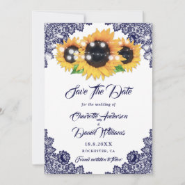 Reserva La Fecha Elegante azul marino floral encaje girasol boda