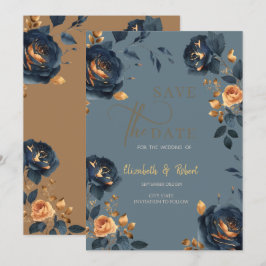 Reserva La Fecha Elegante azul marino flores doradas ahorrar la fec