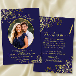 Reserva La Fecha Elegante azul marino y oro ovalado foto fancy boda
