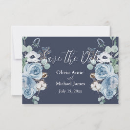 Reserva La Fecha Elegante Azul Oscuro y Blanco Floral Script