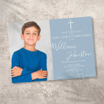 Reserva La Fecha Elegante azul turbio foto de la primera comunión s<br><div class="desc">Elegante firma de la Primera Santa Comunión salva la invitación de fecha con un elegante nombre de firma de escritura y foto especial en un polvoriento fondo azul. Personalice con su información especial sobre eventos en letras de moda. Diseñado por Thisisnotme©</div>