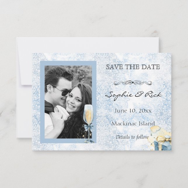 Reserva La Fecha Elegante azul y blanco Champagne Save the Date (Anverso)