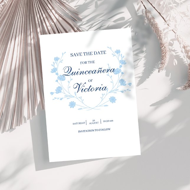 Reserva La Fecha Elegante Baby Blue floral Quinceanera (Subido por el creador)