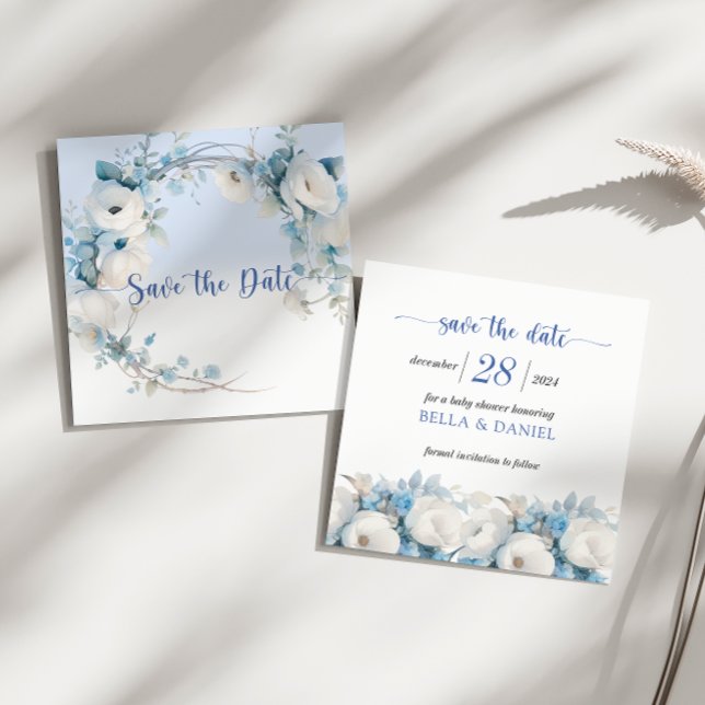 Reserva La Fecha Elegante Baby Shower Dusty Blue Floral (Elegant Dusty Blue Floral Baby Shower Save The Date)