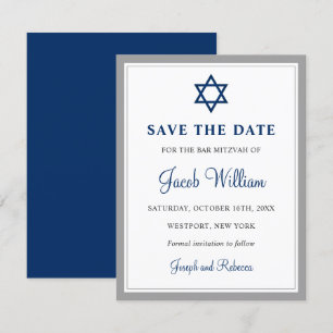 Reserva La Fecha Elegante bar gris y azul marino Mitzvah de 4,25" x