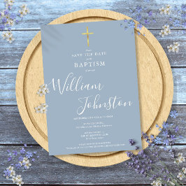 Reserva La Fecha Elegante bautismo Christening Gold Cross Dusty Blu