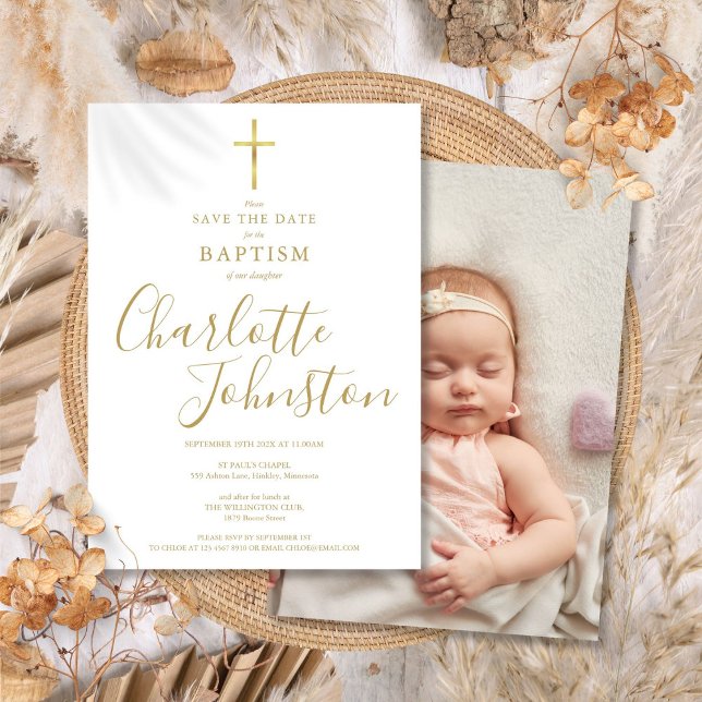 Reserva La Fecha Elegante bautismo Christening Gold Signature Photo (Elegant Baptism Christening Gold Signature Photo Save The Date)