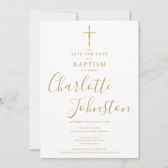 Reserva La Fecha Elegante Bautizo Cristiandad Firma de Oro (Anverso)