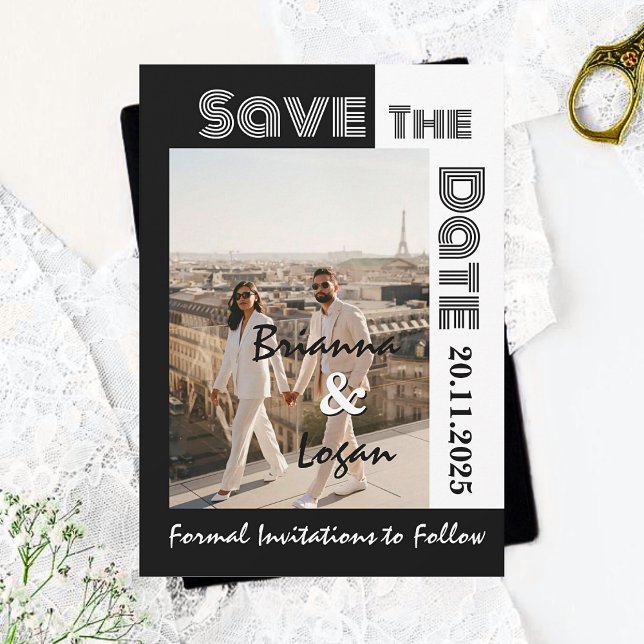 Reserva La Fecha Elegante blanco y negro contemporáneo Guardar la f (Subido por el creador)