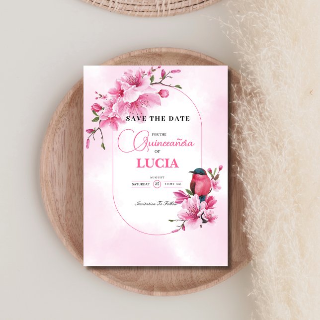 Reserva La Fecha Elegante Blossom De Cerezo Rosa Geométrico Quincea (Subido por el creador)