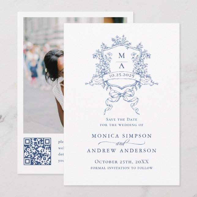 Reserva La Fecha Elegante Blue French Garden Wedding Foto código QR (Anverso / Reverso)