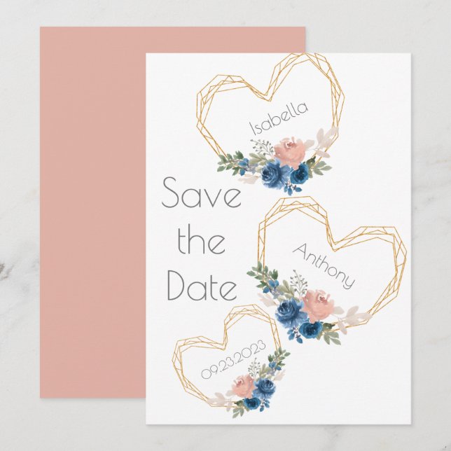 Reserva La Fecha Elegante Blue Gold Heart Floral Names Boda Save (Anverso / Reverso)