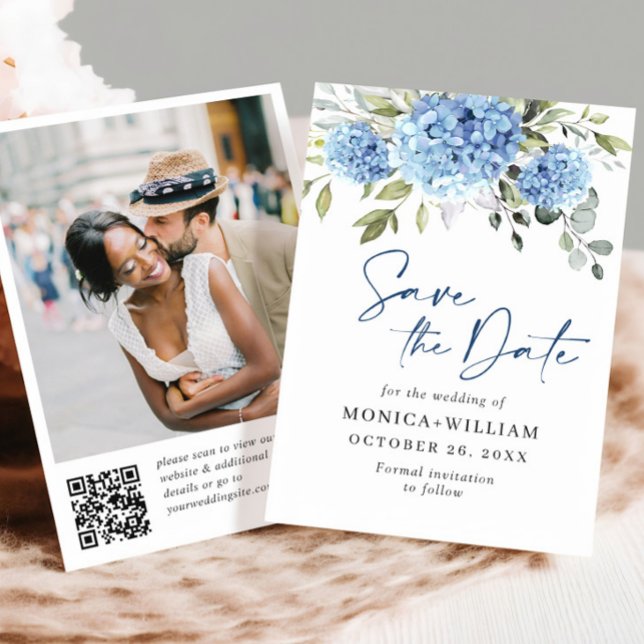 Reserva La Fecha Elegante Blue Hydrangea Boda código QR Foto (Subido por el creador)