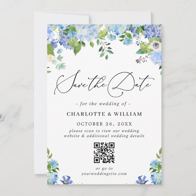 Reserva La Fecha Elegante Blue Hydrangea Greenery Photo Boda QR (Anverso)